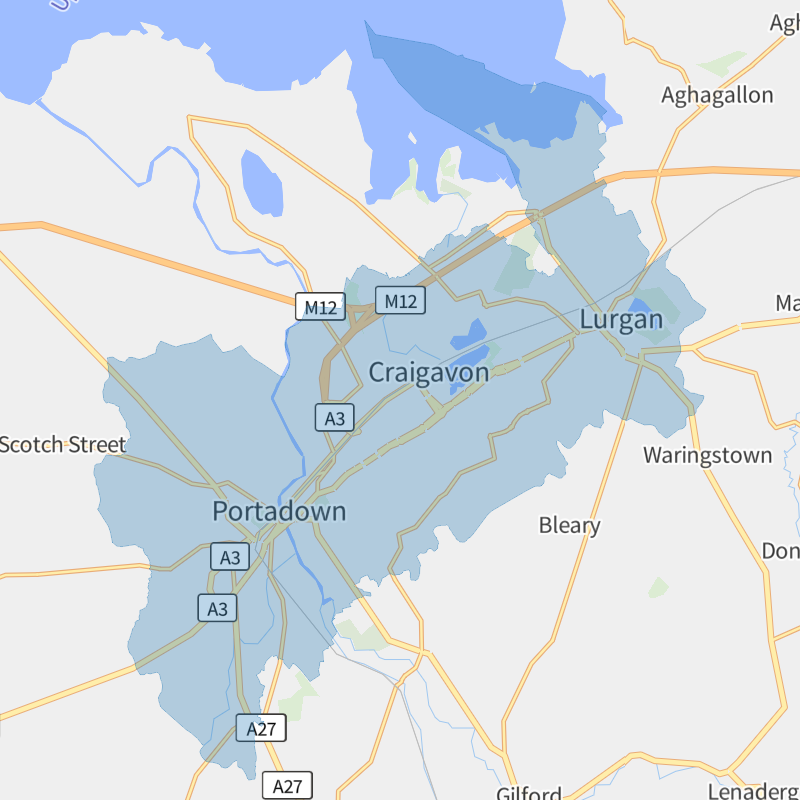 Craigavon and Aghacommon geographic boundaries light outline