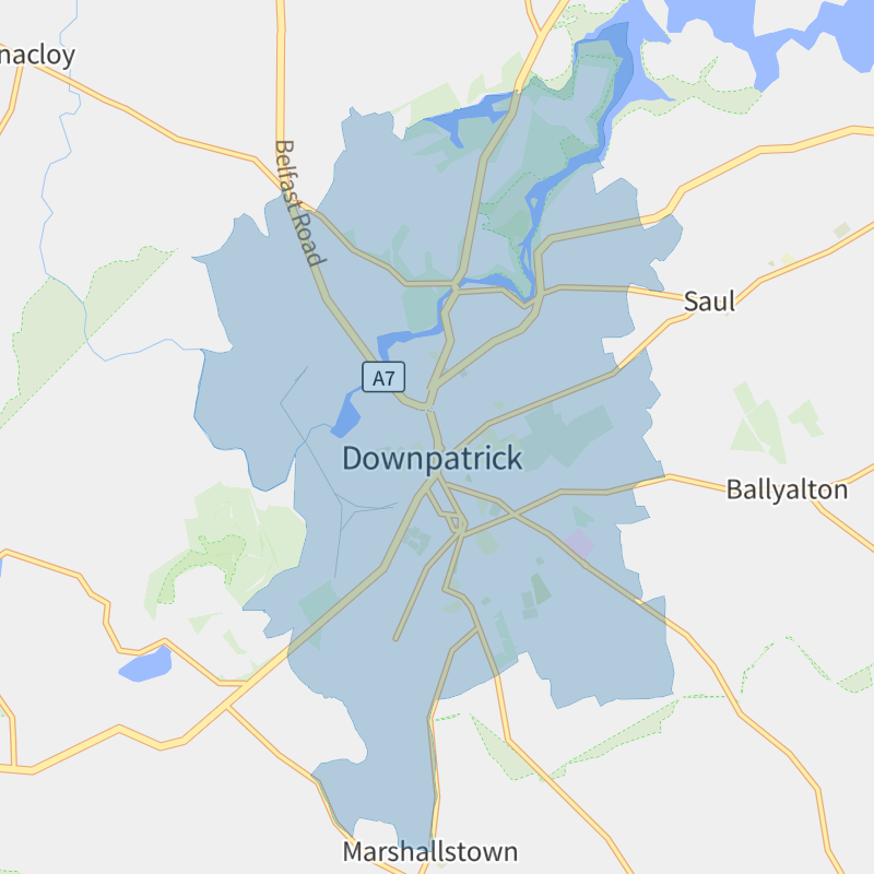 Downpatrick geographic boundaries light outline