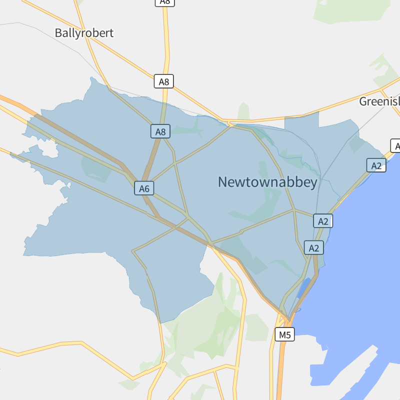 Metropolitan Newtownabbey geographic boundaries light outline