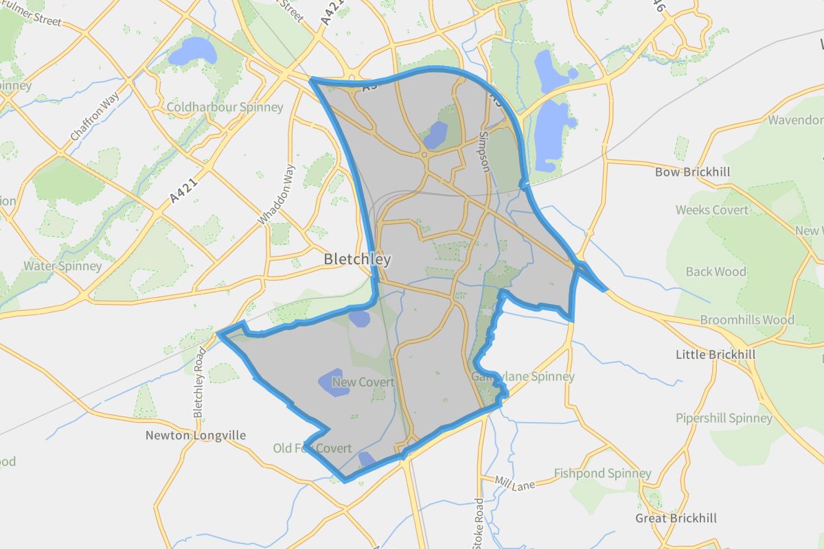 Bletchley and Fenny Stratford geographic boundaries light outline