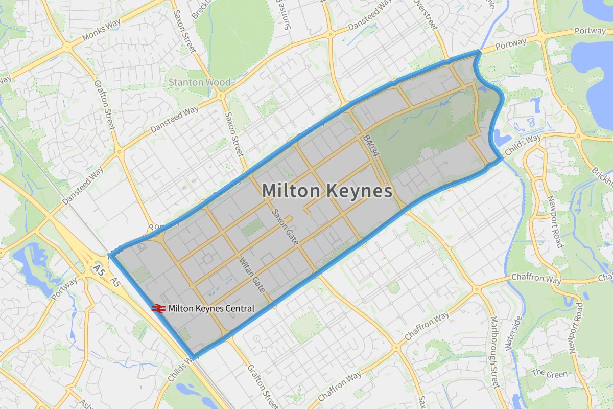 Central Milton Keynes geographic boundaries light outline