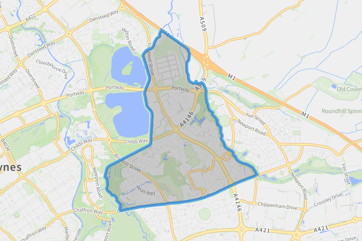 Milton Keynes geographic boundaries light outline