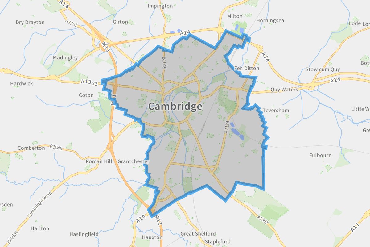 Cambridge geographic boundaries light outline