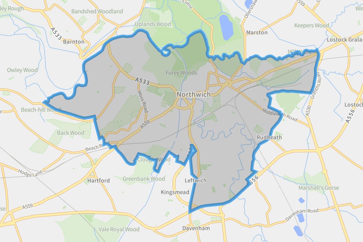 Northwich geographic boundaries light outline