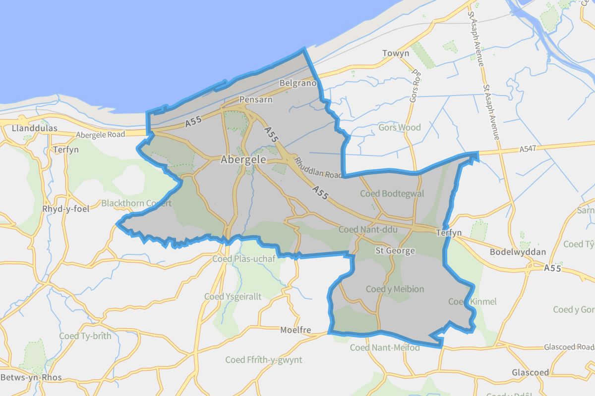 Abergele geographic boundaries light outline