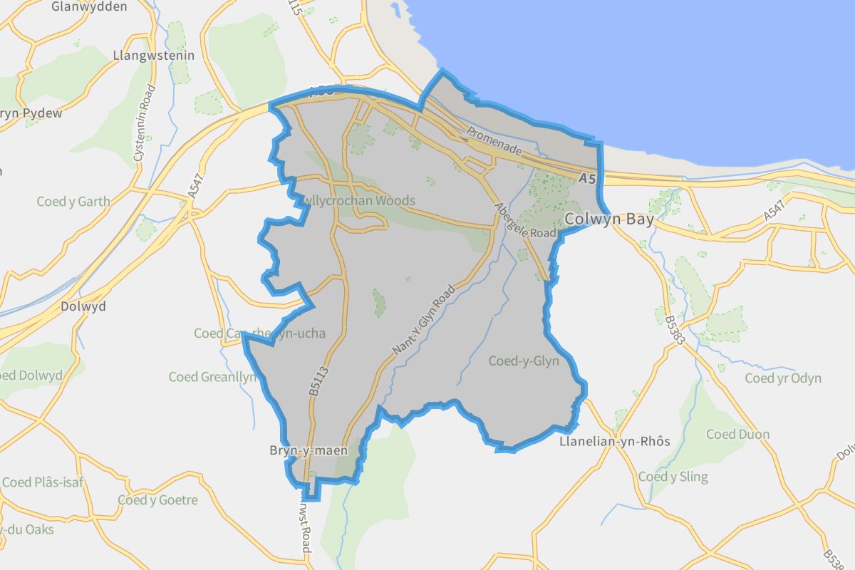 Colwyn Bay geographic boundaries light outline