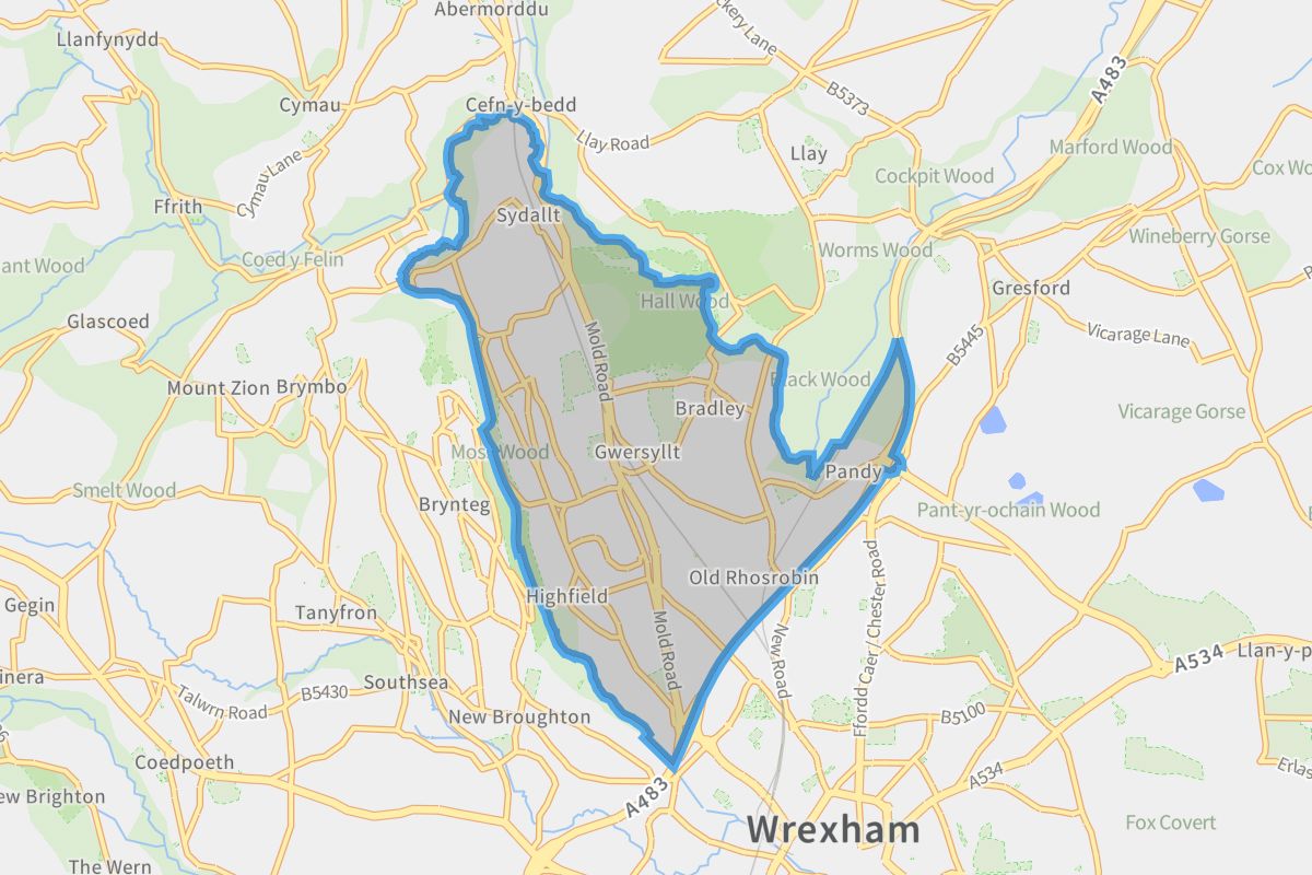 Gwersyllt geographic boundaries light outline