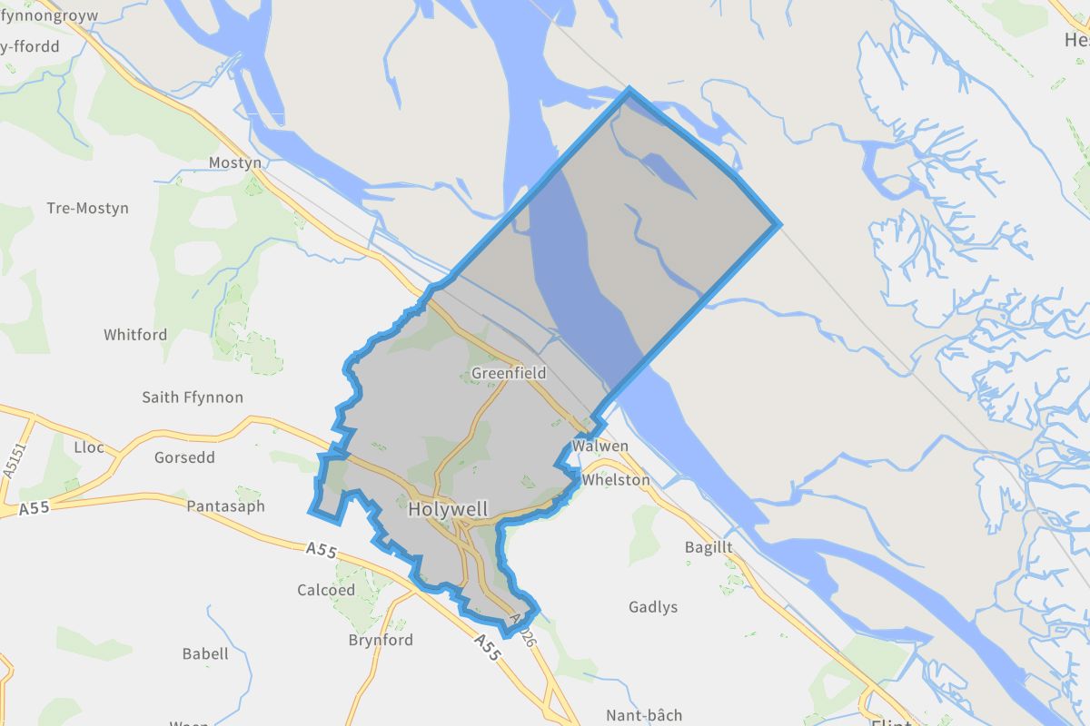 Holywell geographic boundaries light outline