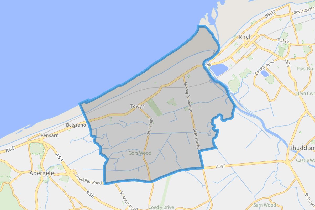 Kinmel Bay and Towyn geographic boundaries light outline