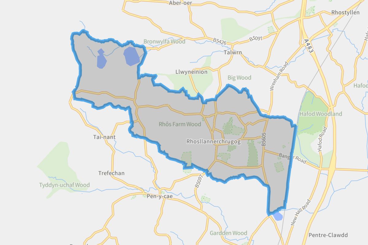 Rhosllanerchrugog geographic boundaries light outline