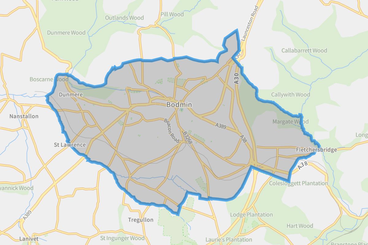 Bodmin geographic boundaries light outline