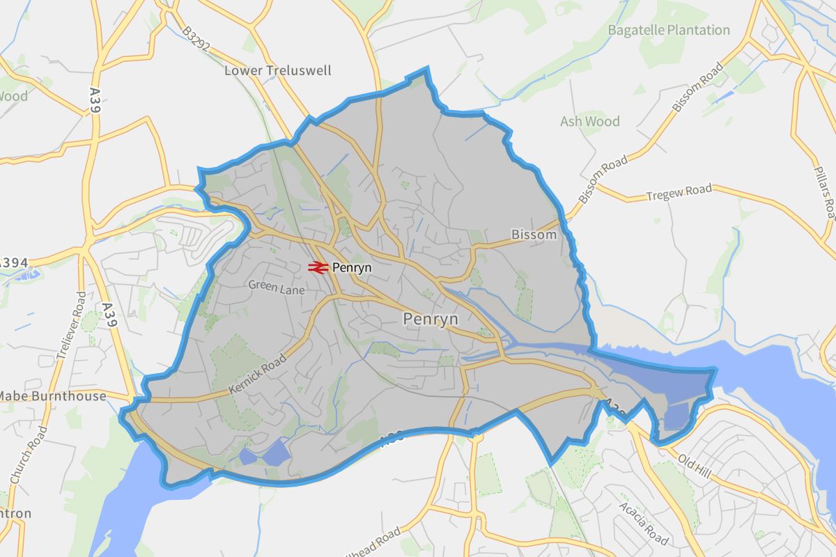 Penryn geographic boundaries light outline