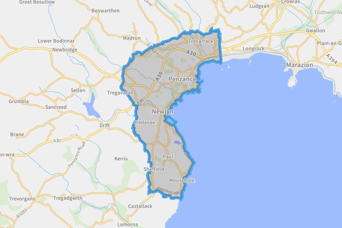 Penzance geographic boundaries light outline