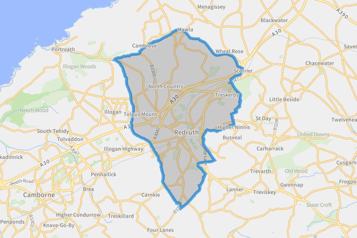 Redruth geographic boundaries light outline