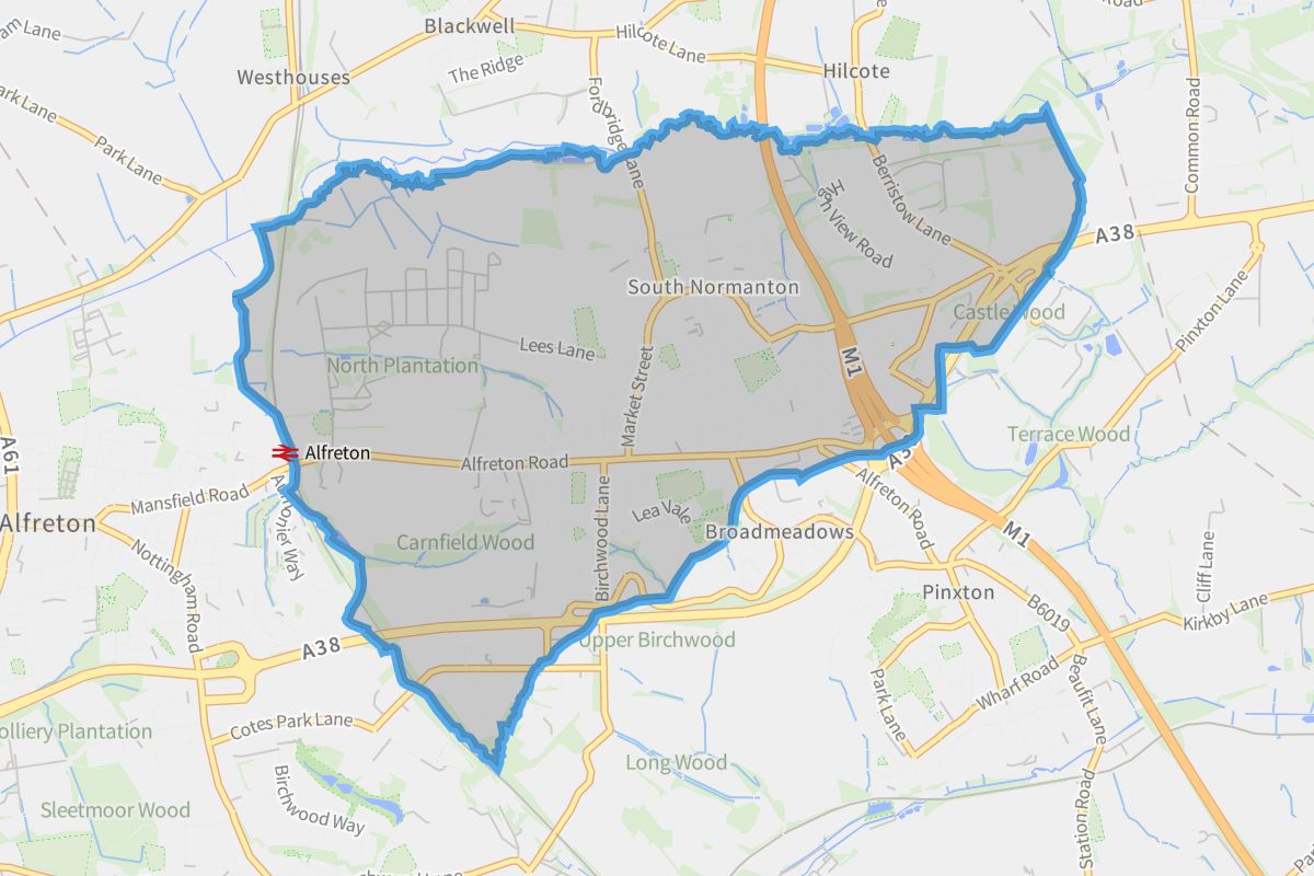 South Normanton geographic boundaries light outline