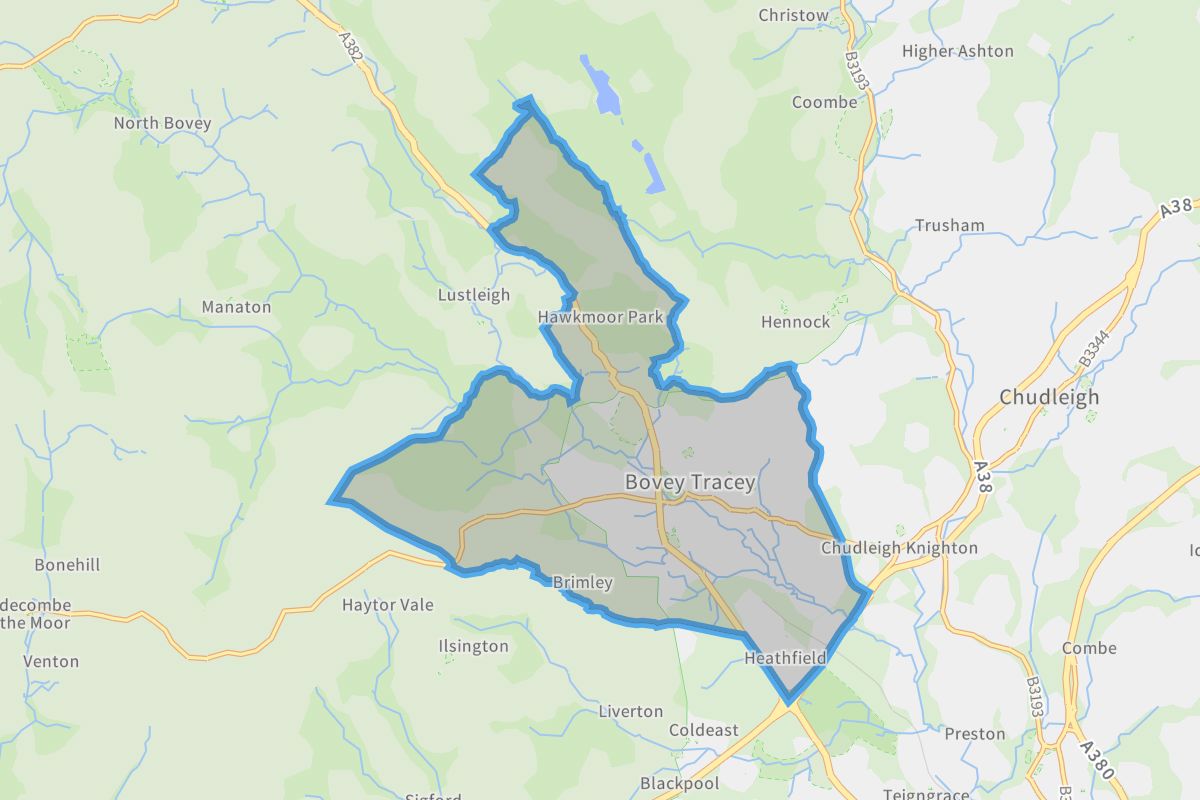 Bovey Tracey geographic boundaries light outline