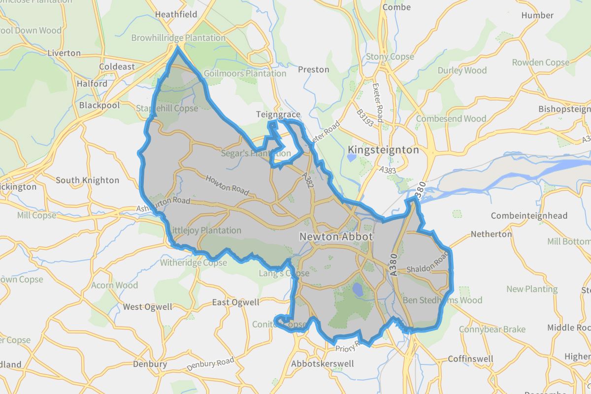 Newton Abbot geographic boundaries light outline