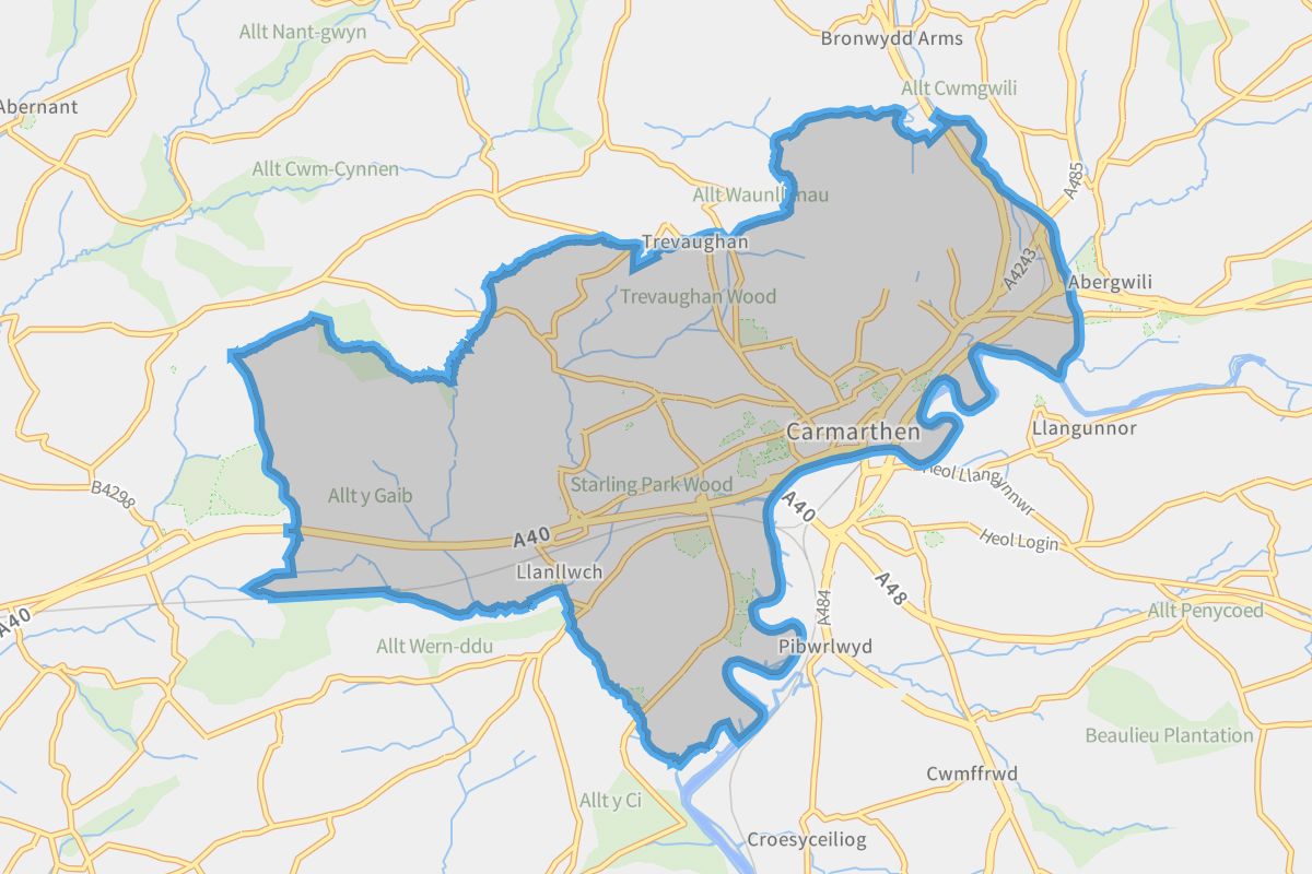 Carmarthen geographic boundaries light outline