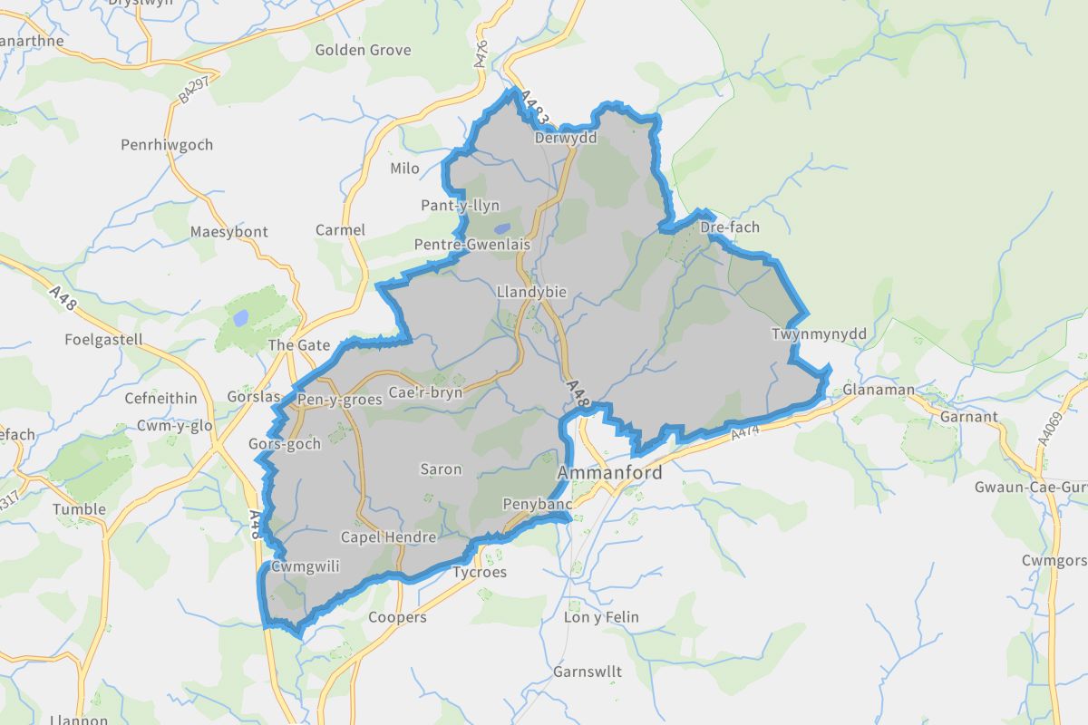 Llandybie geographic boundaries light outline
