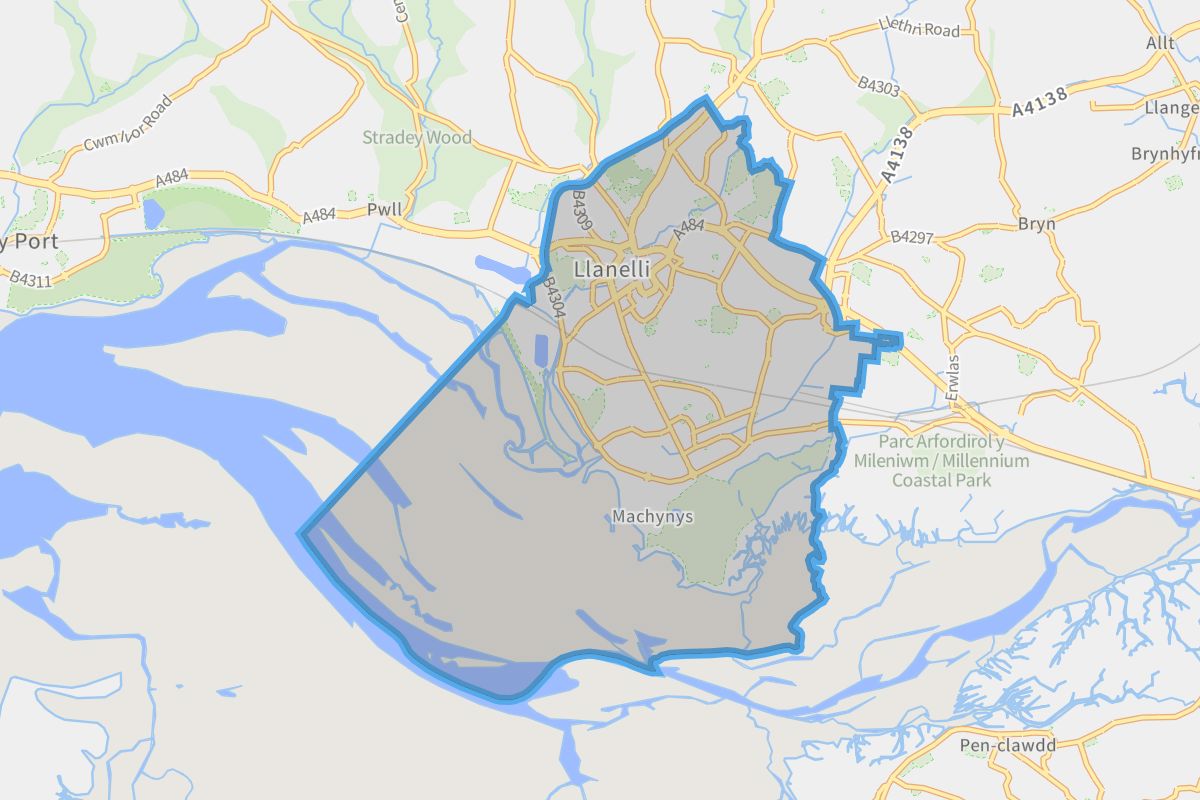 Llanelli geographic boundaries light outline