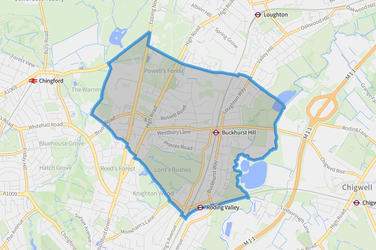 Buckhurst Hill geographic boundaries light outline