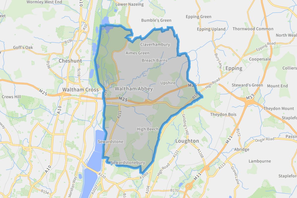 Waltham Abbey geographic boundaries light outline