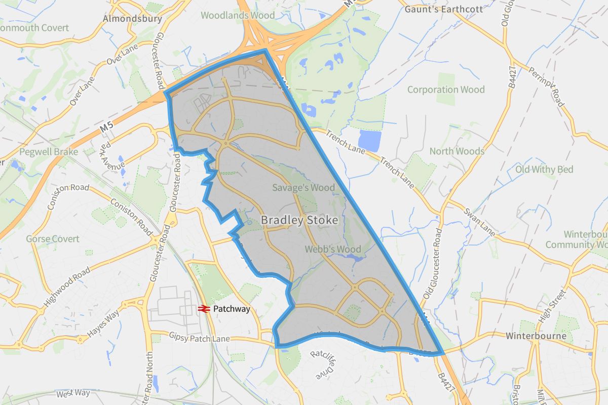 Bradley Stoke geographic boundaries light outline