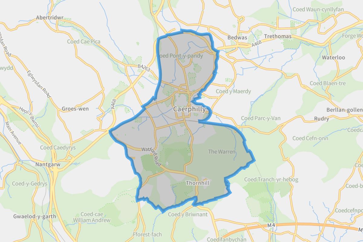 Caerphilly geographic boundaries light outline