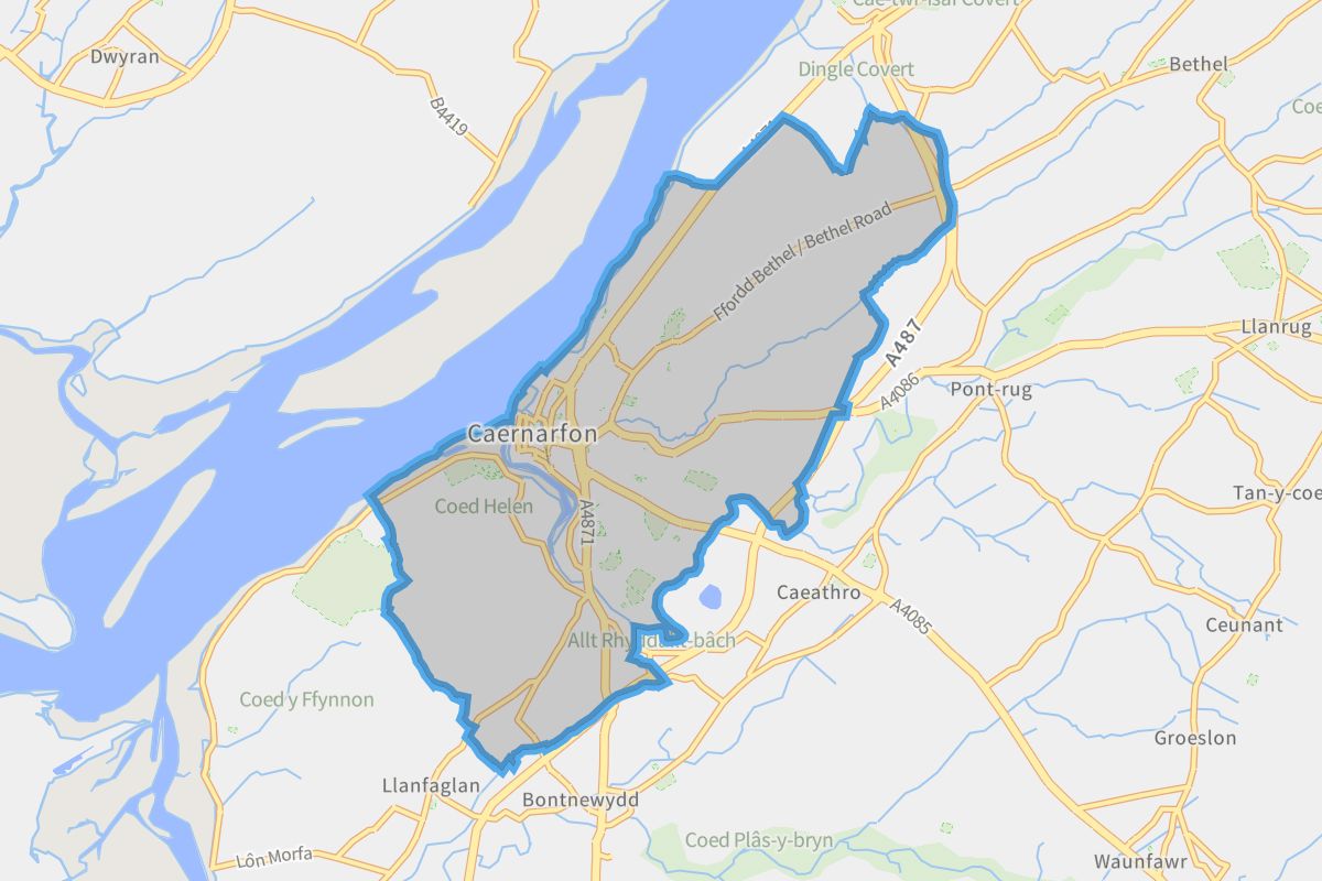 Caernarfon geographic boundaries light outline