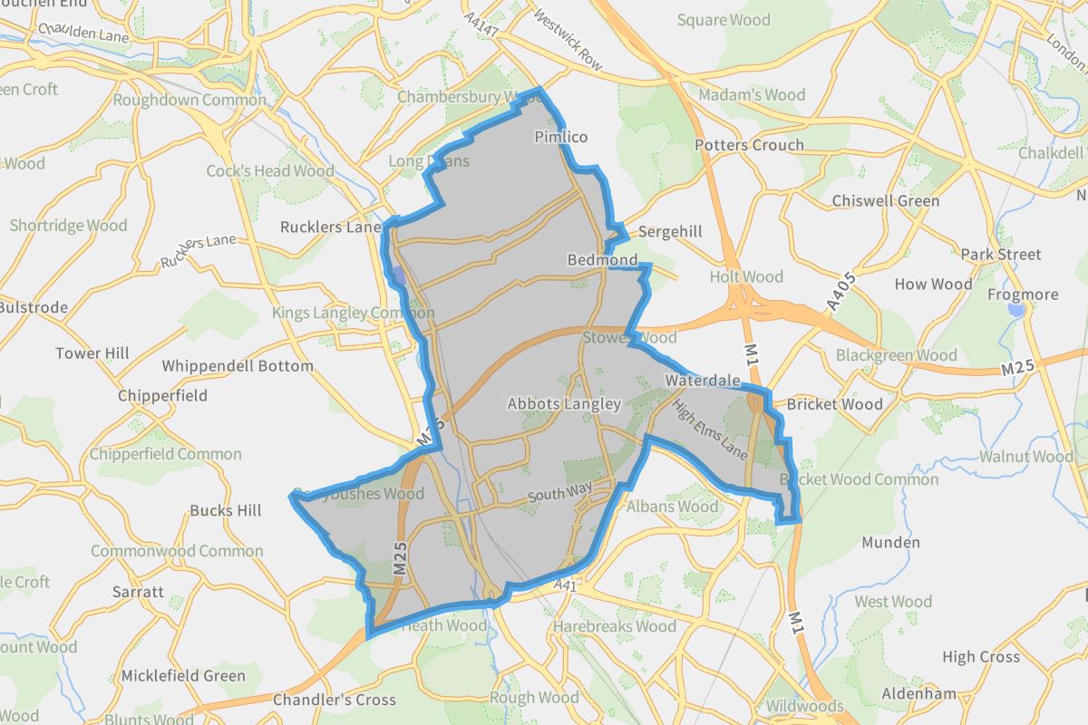Abbots Langley geographic boundaries light outline