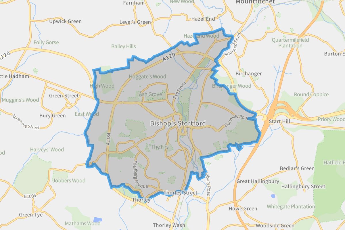 Bishop's Stortford geographic boundaries light outline
