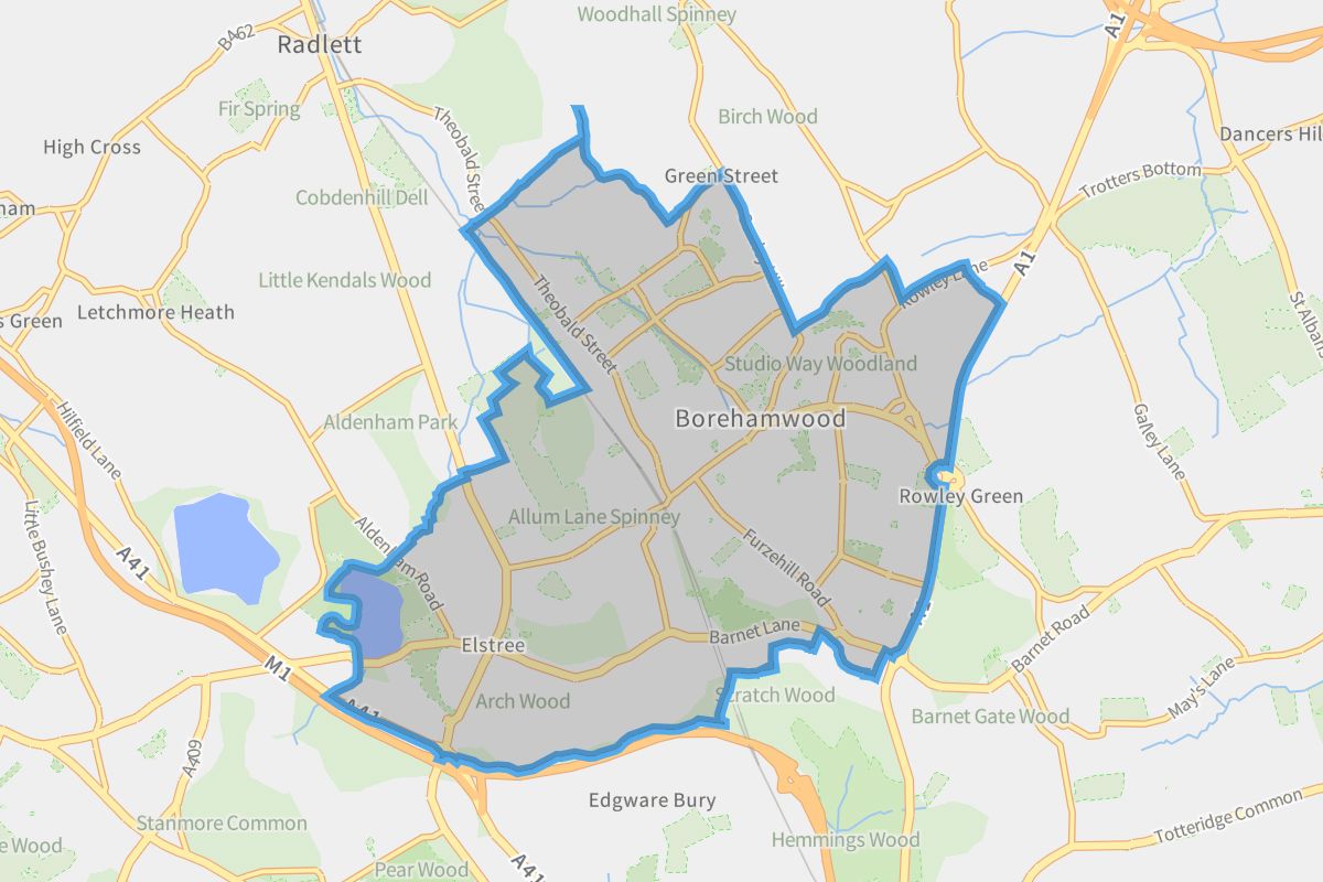 Elstree and Borehamwood geographic boundaries light outline
