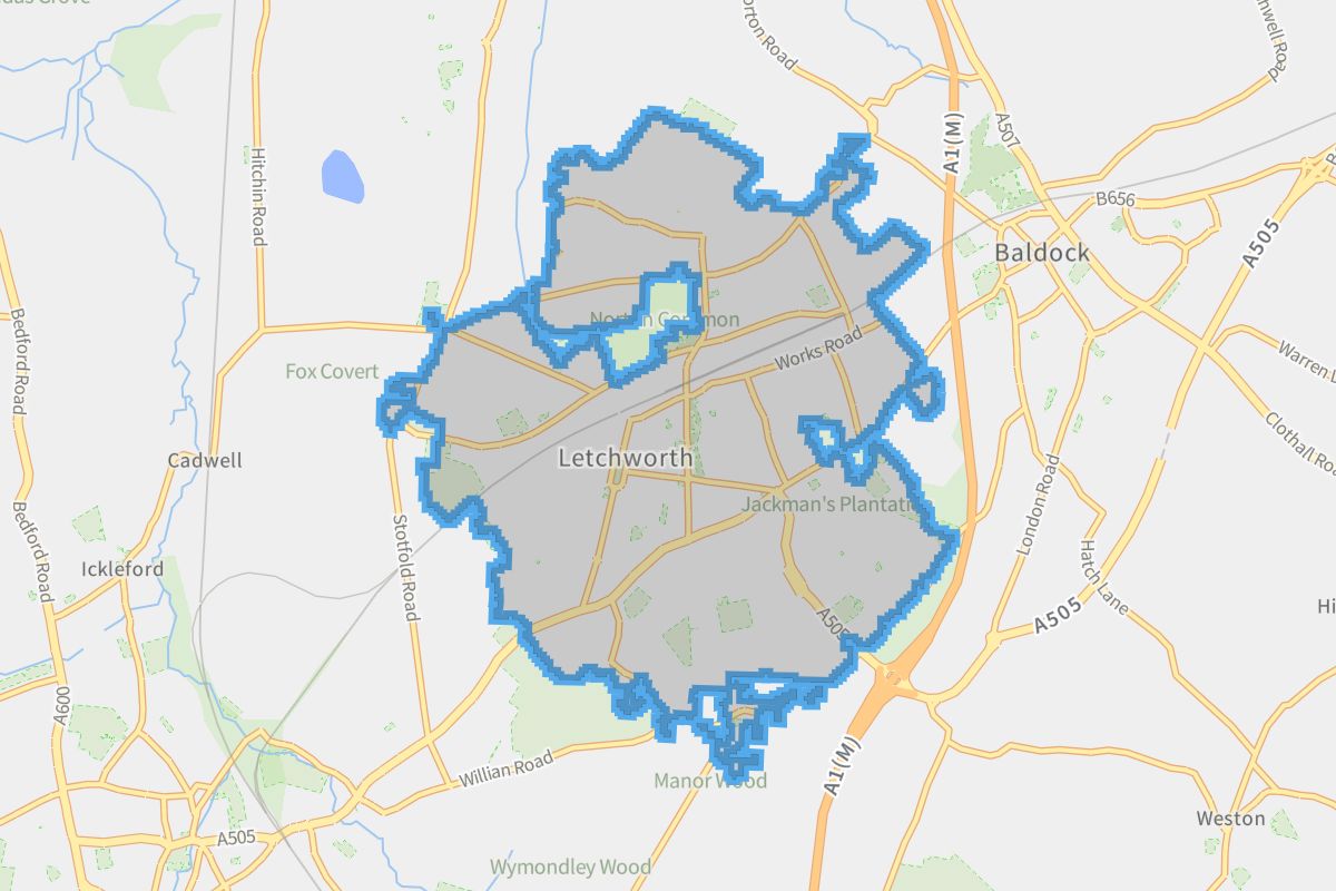 Letchworth Garden City geographic boundaries light outline