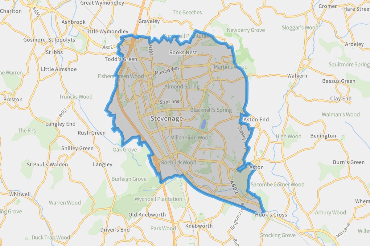 Stevenage geographic boundaries light outline