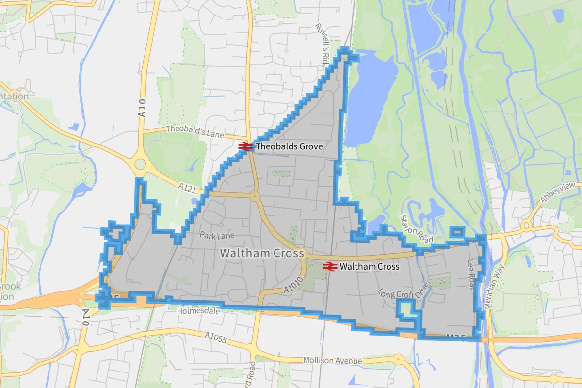 Waltham Cross geographic boundaries light outline