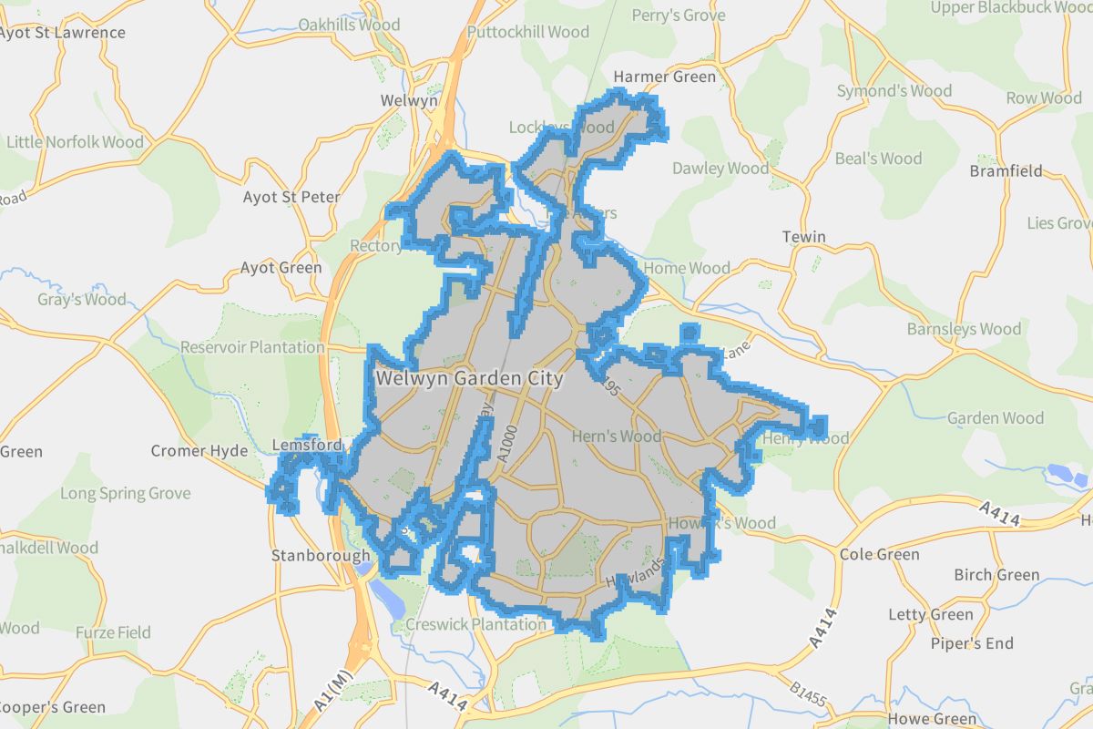 Welwyn Garden City geographic boundaries light outline