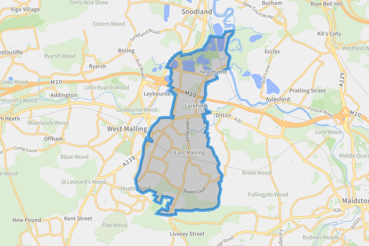 East Malling and Larkfield geographic boundaries light outline