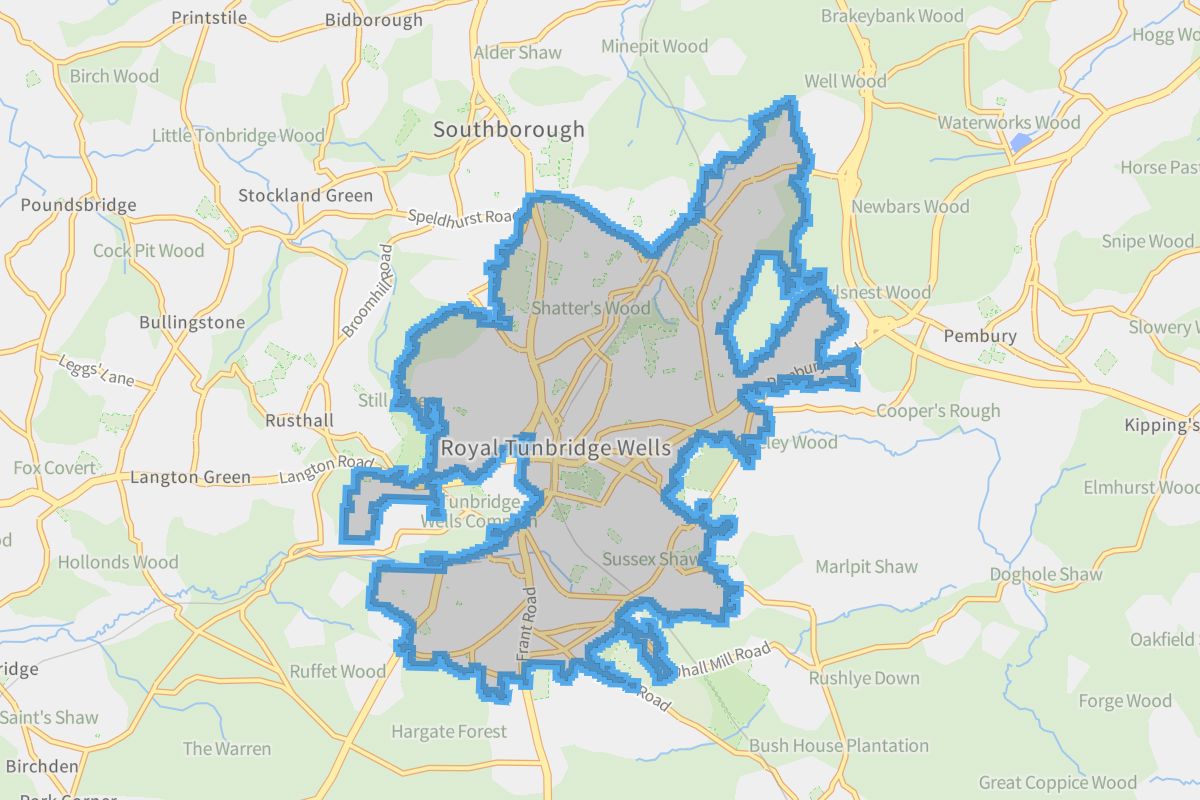 Royal Tunbridge Wells geographic boundaries light outline