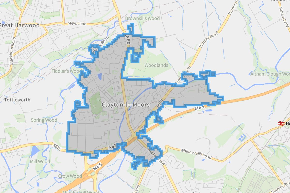 Clayton-le-Moors geographic boundaries light outline