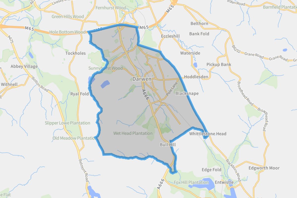 Darwen geographic boundaries light outline