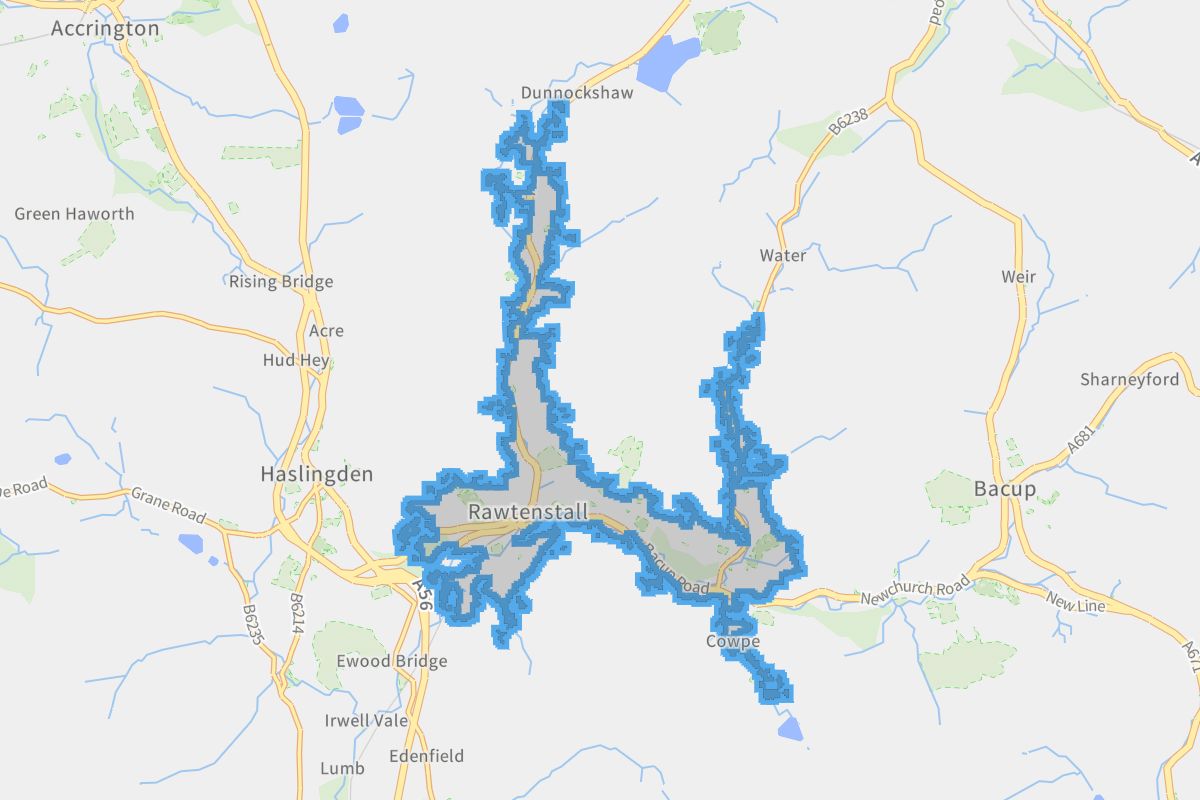 Rawtenstall geographic boundaries light outline