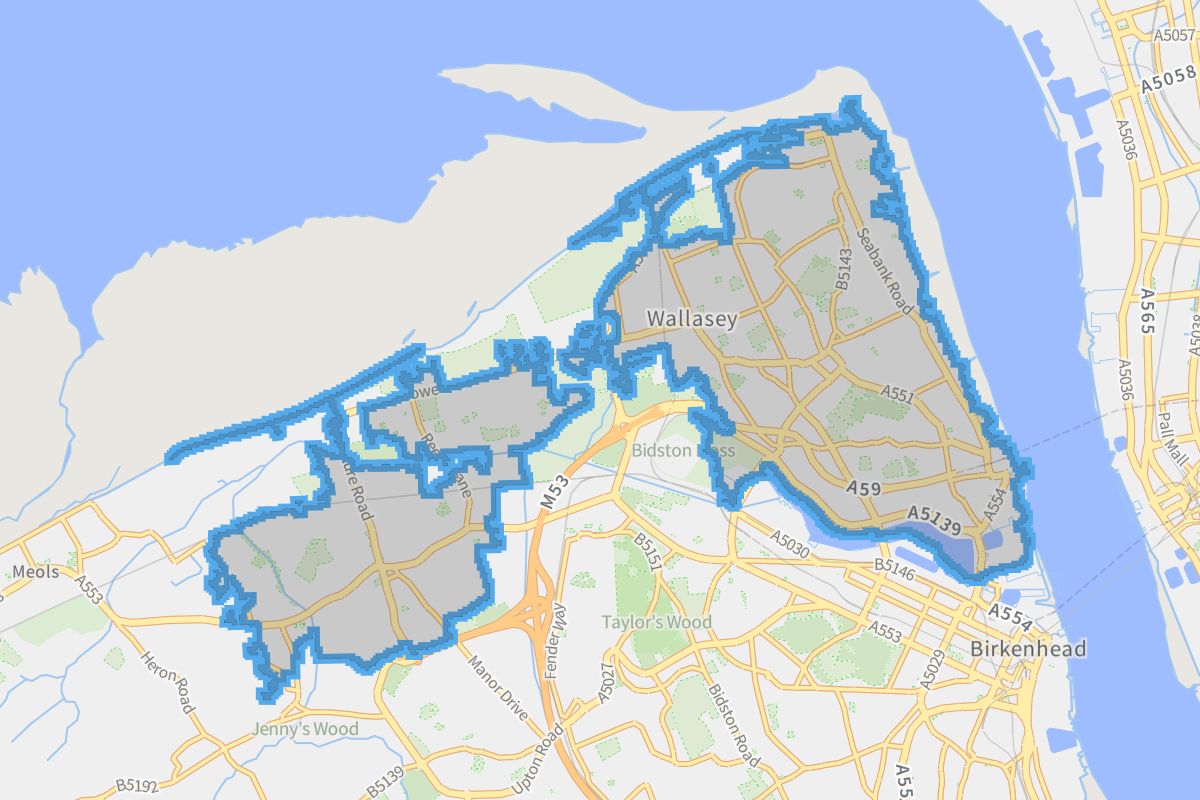 Wallasey geographic boundaries light outline