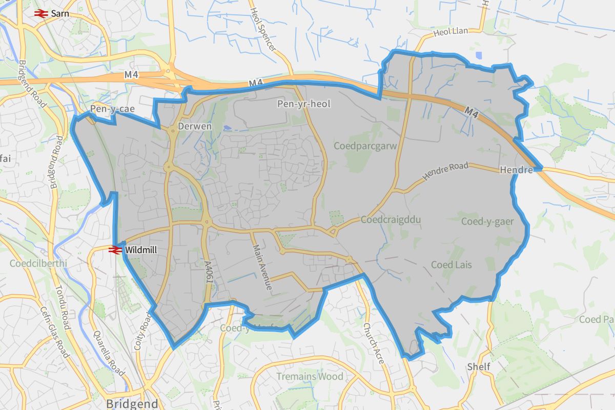 Coity Higher geographic boundaries light outline