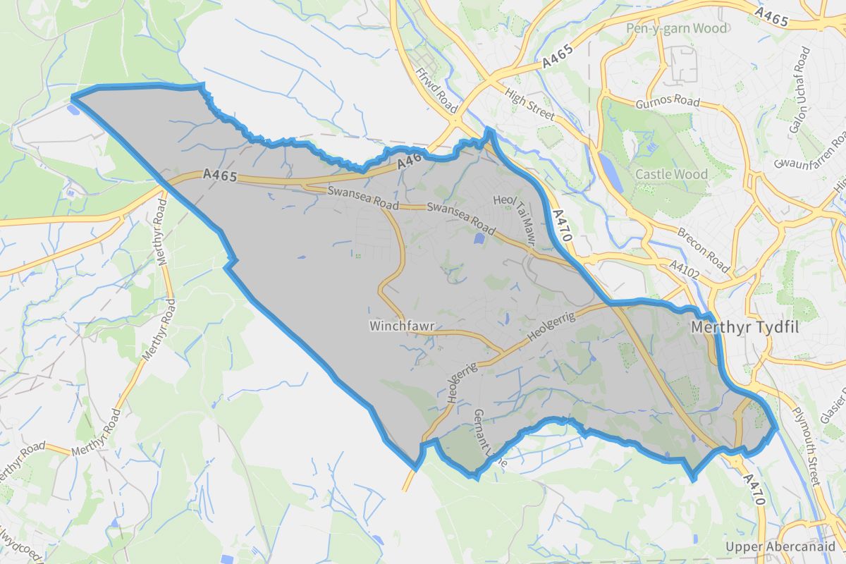 Cyfarthfa geographic boundaries light outline