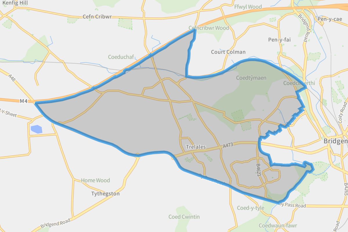 Laleston geographic boundaries light outline
