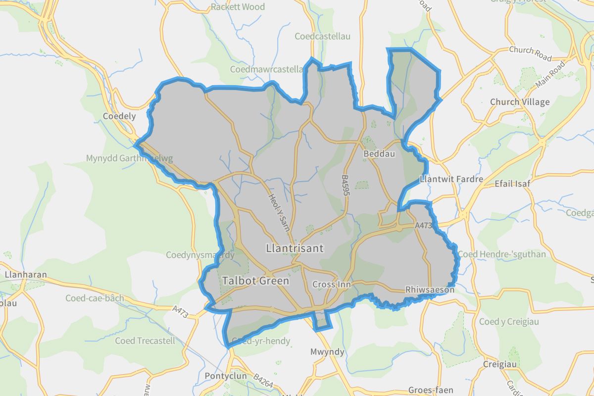 Llantrisant geographic boundaries light outline
