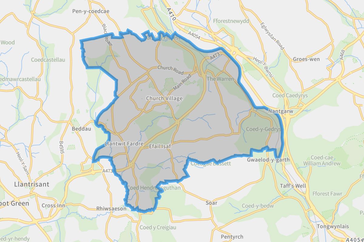 Llantwit Fardre geographic boundaries light outline