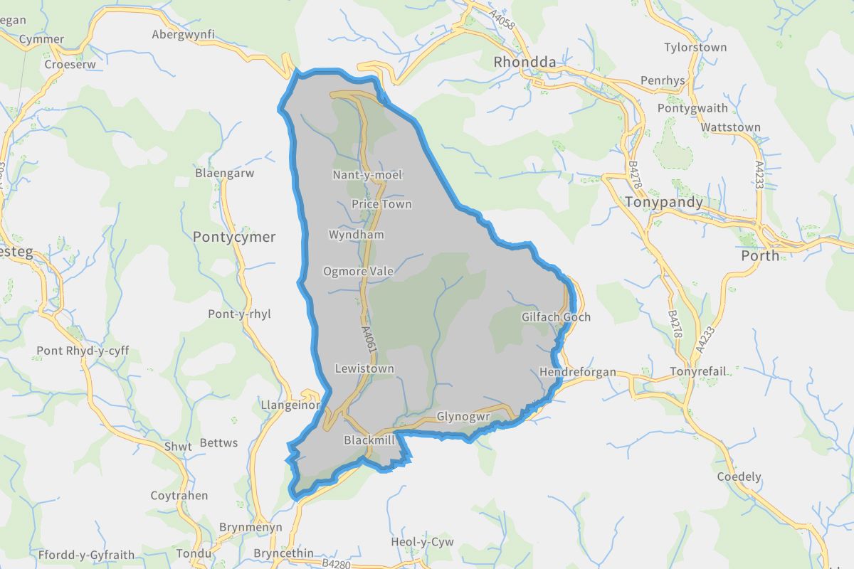 Ogmore Valley geographic boundaries light outline