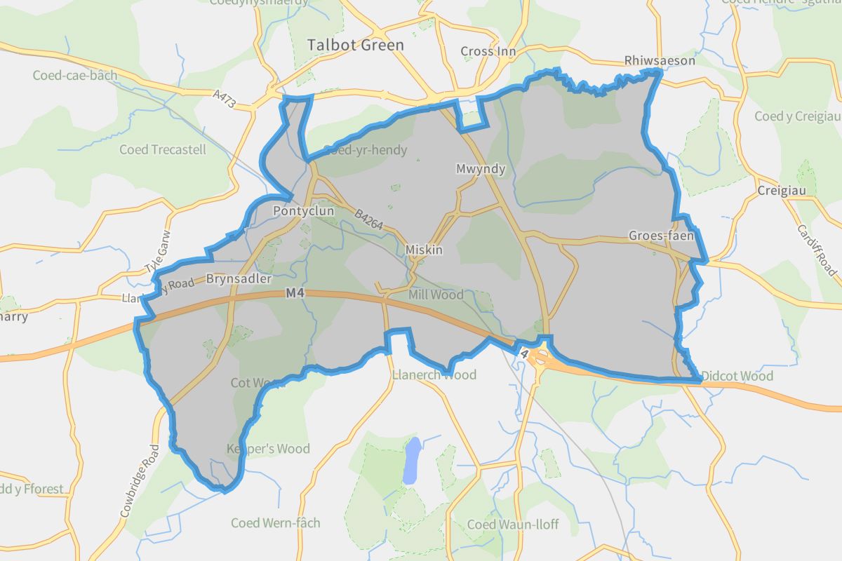 Pont-y-clun geographic boundaries light outline