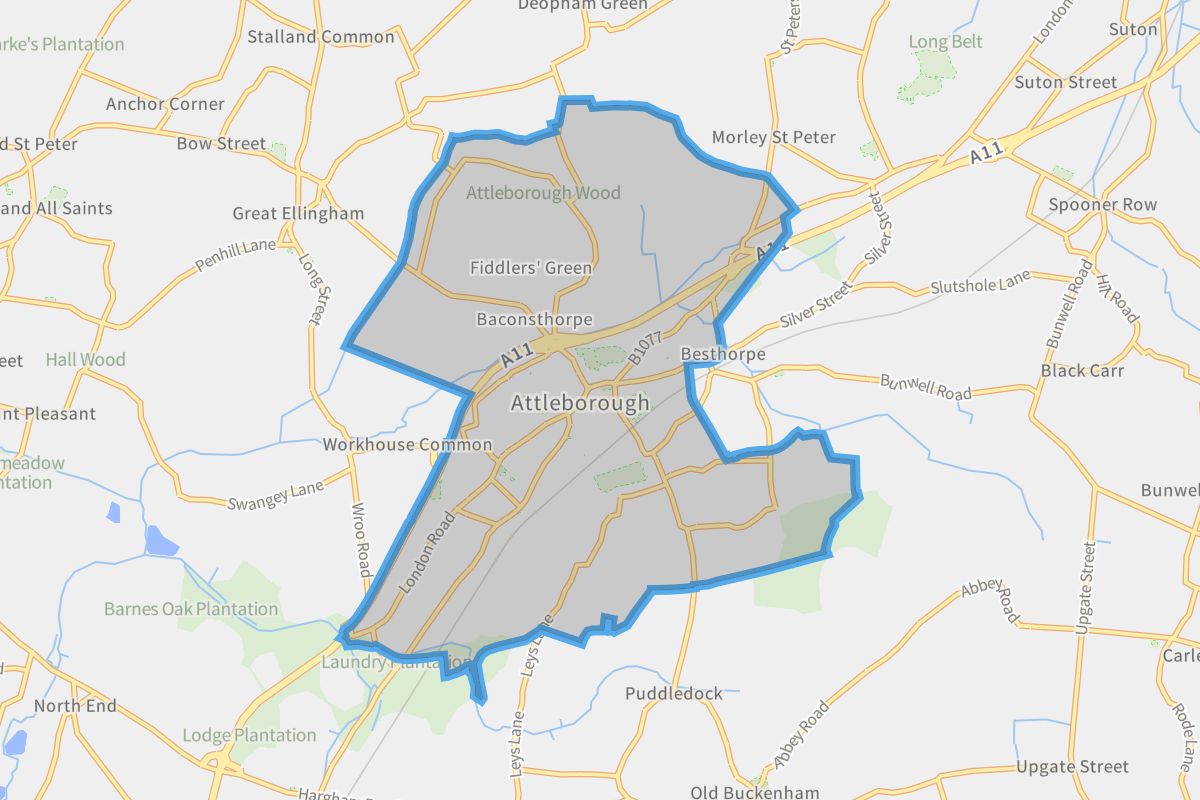 Attleborough geographic boundaries light outline